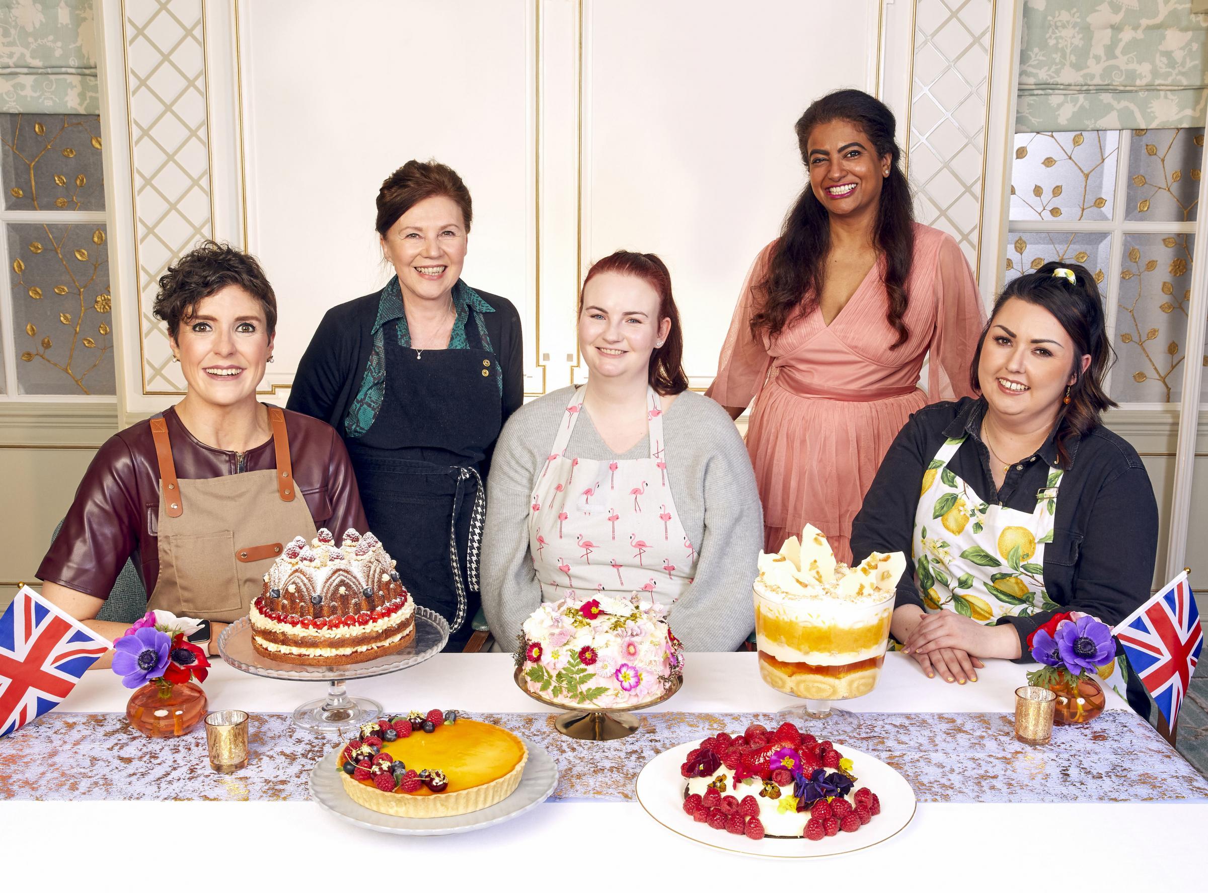 Helensburgh baker Susan Gardner with fellow Jubilee Pudding finalists Sam, Kathryn, Shabnam and Jemma (Photo - BBC)