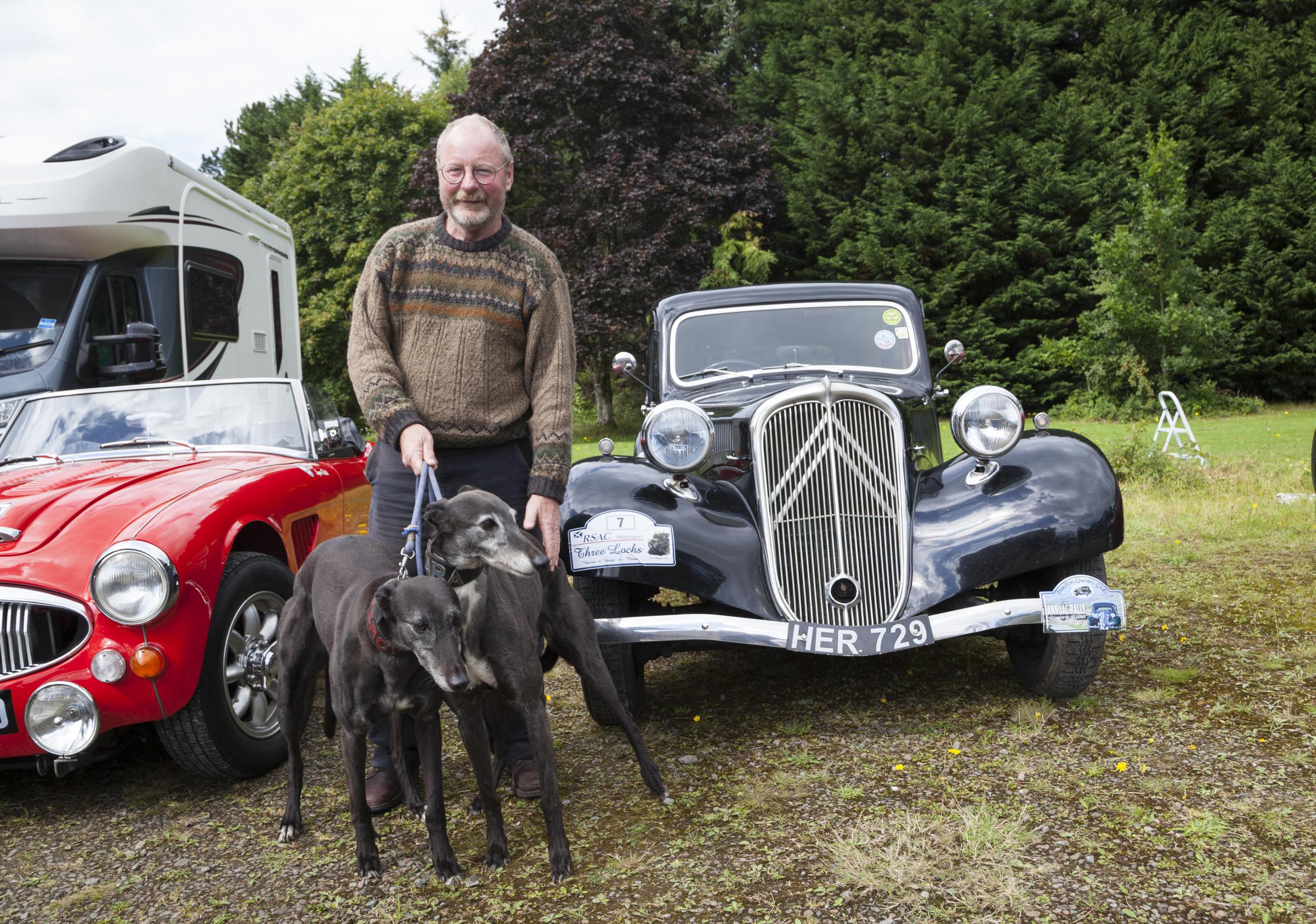 Richard Larter from Clynder pictured with Percy and Mara and his 1949 Citreon Light 15