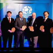 Helensburgh youth convener Ian Smith (far left), pictured with fellow winners Alan Paul, Les Barclay, William Talbot (Dalziel RFC president), Graham Calder and Johnny Sim