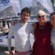 Anna Burnet with her Nacra 17 partner John Gimson and her mum Louise after the British pair secured silver at the Princess Sofia Trophy regatta in Palma, Mallorca.