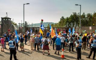 All Under One Banner (AUOB) anti-nuclear weapons rally at the Faslane Royal Navy base, today, Saturday. Photograph: Colin Mearns