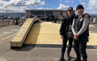 BMX star Kriss Kyle with Chaz Mailey of Unit 23 in Dumbarton as new ramps are installed for Helensburgh's skate park