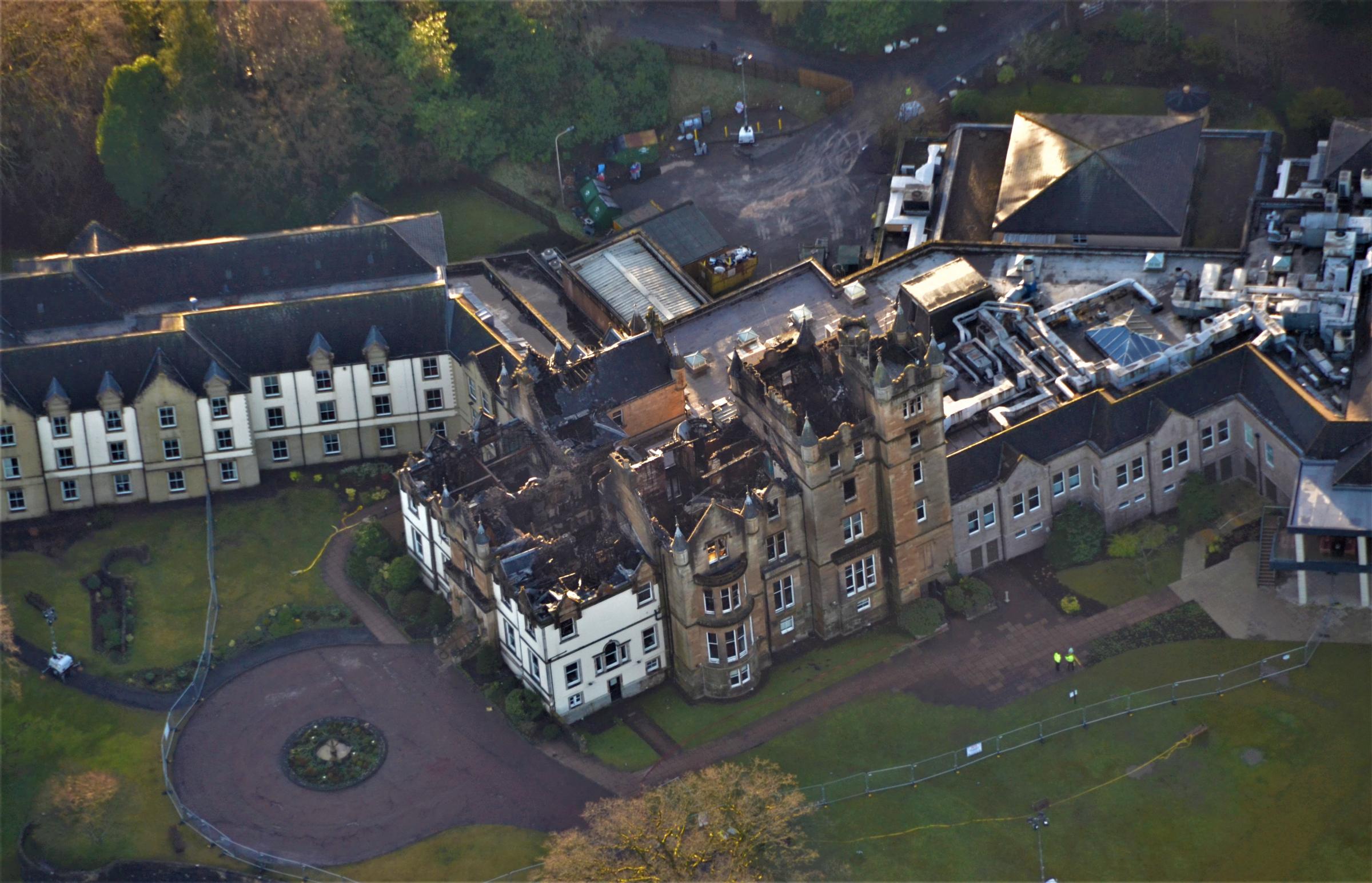 An aerial photograph showing the damage to the hotel (Photo - Crown Office)