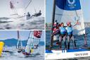 John Gimson and Anna Burnet won silver in Japan - but Charlotte Dobson (top right, with Saskia Tidey) and Luke Patience (bottom right, with Chris Grube), missed out on medals (Photos: Kaoru Soehata/PA Wire and Sailing Energy/World Sailing)