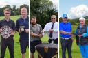 Dunbartonshire handicap and Champion of Champions winners Joe Barton and Peter Haggarty; Anderson Cup winner Daniel McCahery with Ben Canham; and Breingan Brooch winner Babs Robertson with John Fraser of tournament sponsors DCF