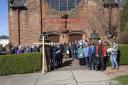 The congregation outside St Joseph's Church at the start of the Walk of Witness