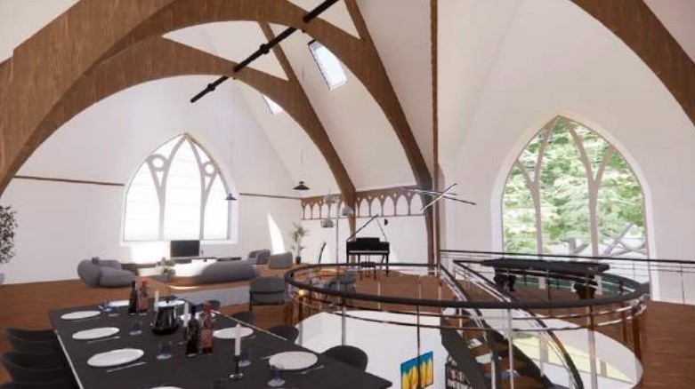 Computer-generated images showing what the applicant hopes to do with the interior of the former Craigrownie Church hall