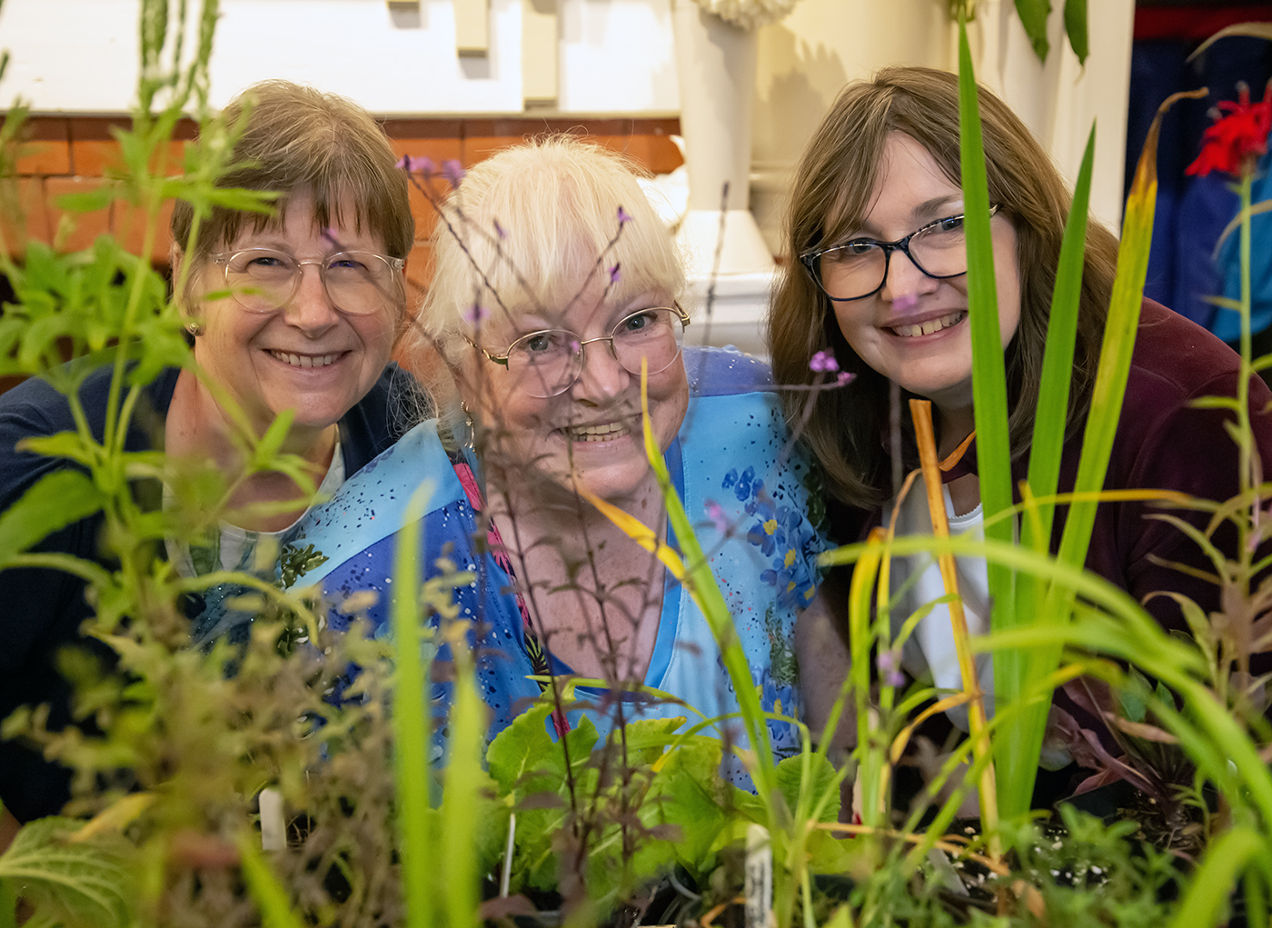 The happy, friendly faces at the plant stall that greet visitors in the entrance hall. Sian Sharp, Maggie Rogers and Diane McGrattan