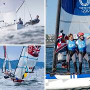 John Gimson and Anna Burnet won silver in Japan - but Charlotte Dobson (top right, with Saskia Tidey) and Luke Patience (bottom right, with Chris Grube), missed out on medals (Photos: Kaoru Soehata/PA Wire and Sailing Energy/World Sailing)