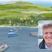 An artist’s impression of the site in the shadow of Beinn Reithe and, inset, Loch Long Salmon director Stewart Hawthorn (Image: Loch Long Salmon)