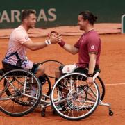 Alfie Hewett and Gordon Reid in action in the 2022 French Open men's wheelchair doubles final