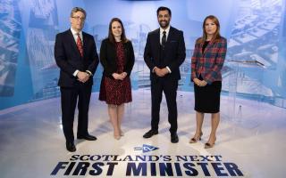 STV hosted a televised debate with the three contenders to be First Minister on Tuesday - STV political editor Colin Mackay is pictured with Kate Forbes, Humza Yousaf and Ash Regan (Image: STV/PA)