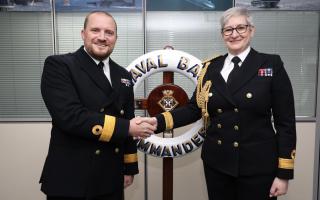 Commodore Sharon Malkin CBE ADC meets with senior base staff as HMNB Clyde changes the Naval Base Commander's pennant colours
